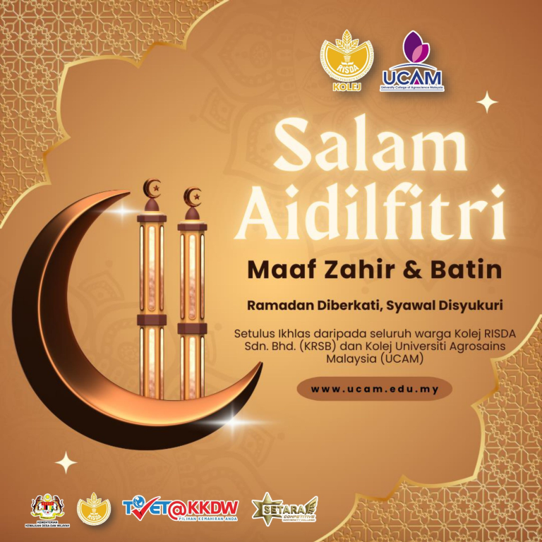 Kad ucapan Selamat Hari Raya Aidilfitri 1447H Maaf Zahir dan Batin daripada Kolej RISDA dan UCAM.