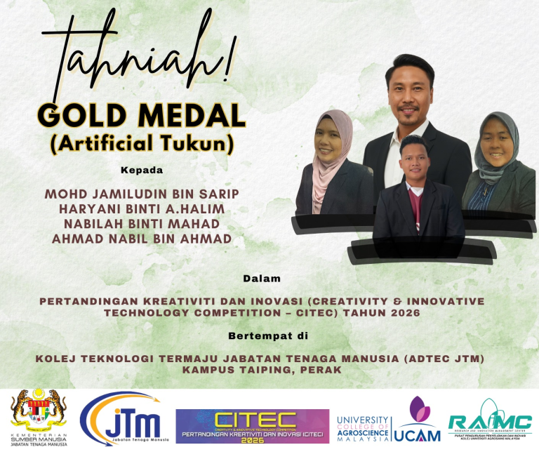 Pasukan inovasi UCAM menang pingat emas Artificial Tukun di pertandingan CITEC 2026 ADTEC Taiping.