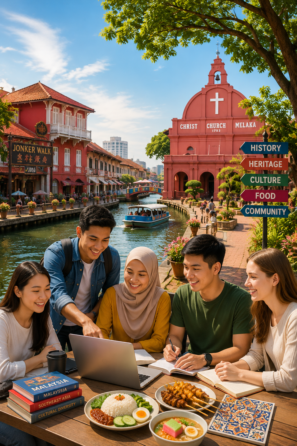 International students enjoying multicultural life in Melaka, Malaysia