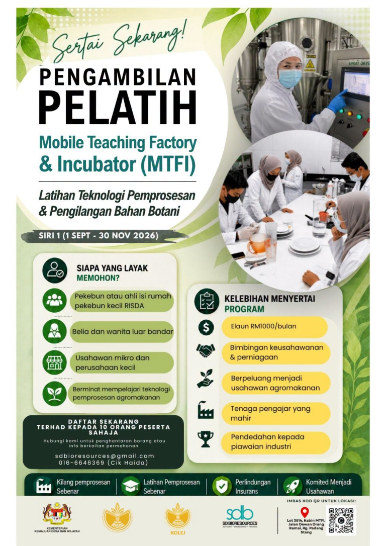 Pengambilan Pelatih MTFI Kini Dibuka: Rebut Peluang Latihan Berelaun dan Bina Kerjaya Usahawan Agromakanan